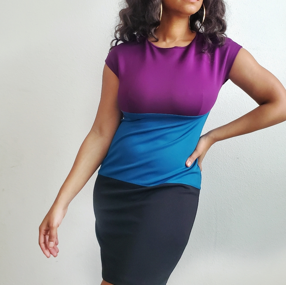 Enfocus Purple, Teal & Black Color Block Dress
